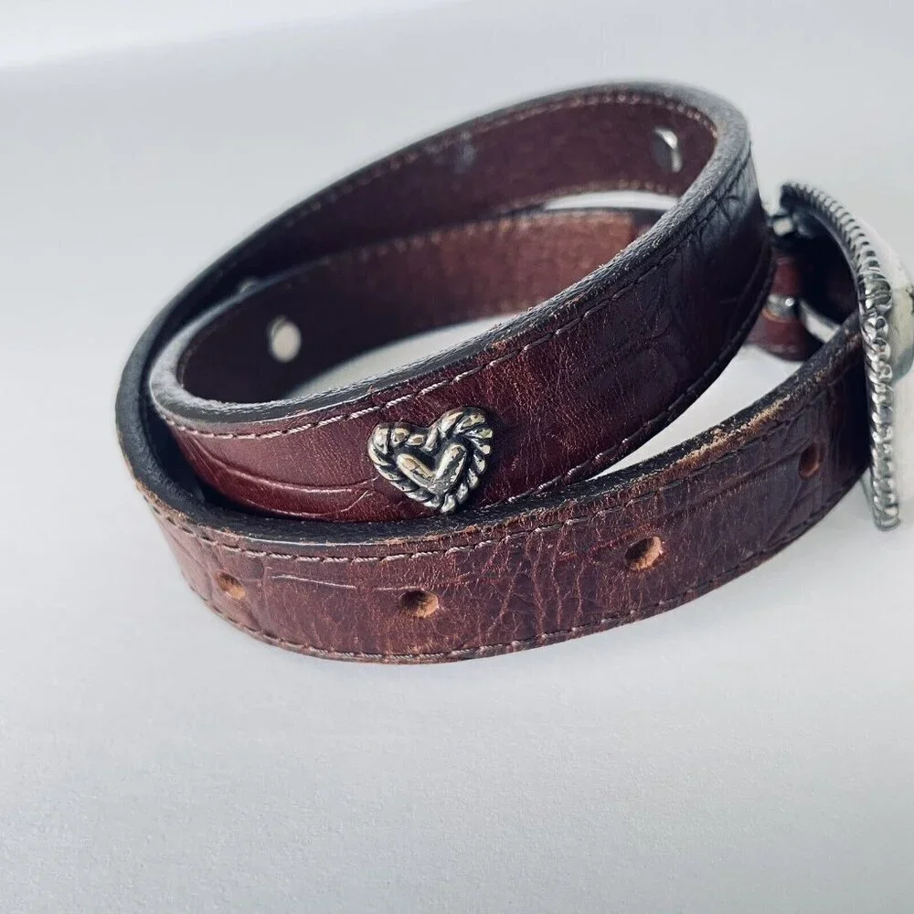 Brighton Kids Brown Leather Belt 27 Inches Silver Toned Buckle and Heart Conchos